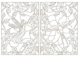 Set contour illustrations in the stained glass style , bird and fairy on the background of flowers