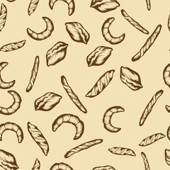 Seamless pattern with a variety of bakery products. Vector illustration.