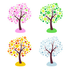 Four seasons trees stylized with circles isolated on white background
