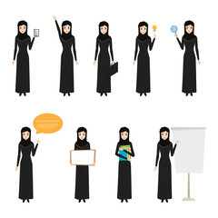 Set of business arab woman character with hijab. People character vector.