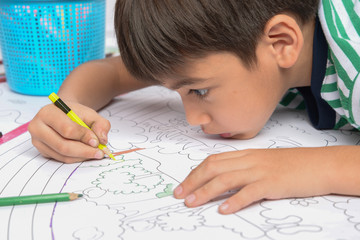 Little boy draw and painting pencil color on the paper home activities