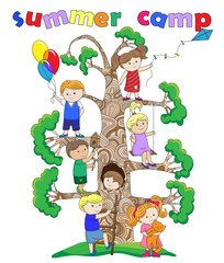 Illustration on the theme of summer holidays and summer camps for children for various things around the tree on a white background