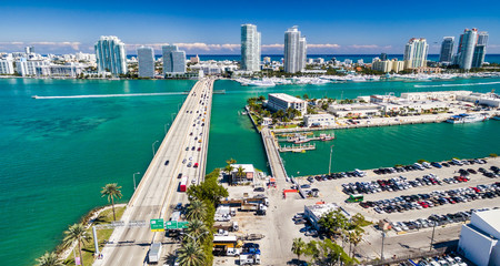 Obraz na płótnie Canvas Miami Beach and Macarthur Causeway aerial view, Florida - USA