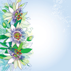 Vector bouquet with outline tropical Passiflora or Passion flowers, bud and foliage on the pastel  background. Greeting card with ornate floral elements in contour style for exotic summer design.