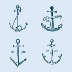 Naklejka premium Anchor engraved vintage in old hand drawn or tattoo style, drawing for marine, aquatic or nautical theme, wood cut, blue logo