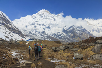 Fototapeta na wymiar Tourists trekking to Himalaya Annapurna base camp, Nepal