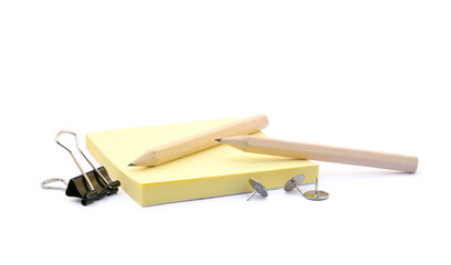  Office supplies isolated on white background, pencil, paper, staples, pencil sharpeners, pushpins