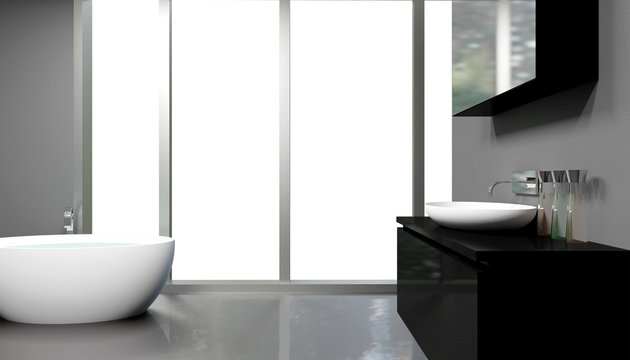 Freestanding bath in modern bathroom, 3D rendering