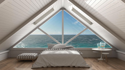 Panoramic window on open sea ocean, mezzanine loft, bedroom with relaxing double bed, minimalist scandinavian interior design - obrazy, fototapety, plakaty