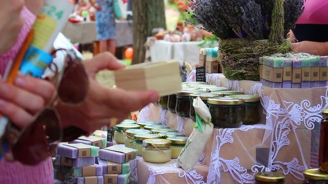 Selling at the local farmers market. Homemade Lavender jam, lavender honey, lavender soap, lavender cosmetics, lavender candle. An Organic Lavender Farm