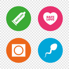 Safe sex love icons. Condom in package symbols.