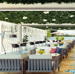 Modern concept design of beach cocktail lounge bar 3D Render