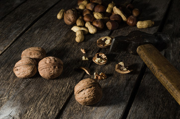 Chopped walnuts on old wooden table