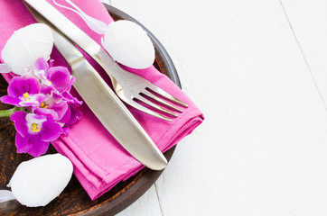 Easter Festive Table Setting With Fresh Flower.