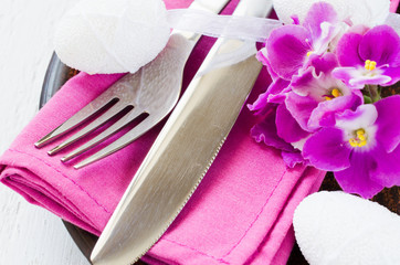 Easter Festive Table Setting With Fresh Flower.