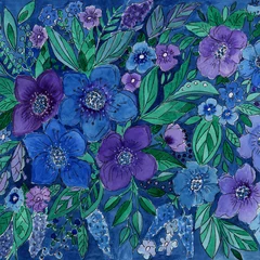 Zelfklevend Fotobehang Watercolor floral illustration print in navy blue green violet © fuzzyfox