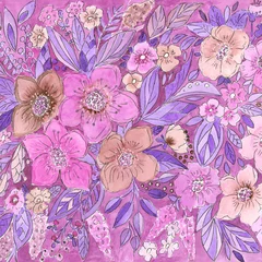 Gardinen Watercolor floral illustration print in pink violet © fuzzyfox
