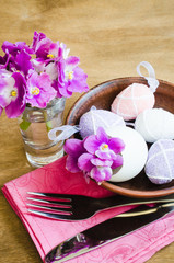 Obraz na płótnie Canvas Easter Festive Table Setting With Fresh Flower.