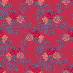 Floral seamless pattern. Red rose flowers and twigs with leaves on a white background. Template for printing on fabric, textile, wrapping paper.
Limited palette.