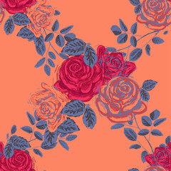 Pattern of roses and leaves on a orange background. Seamless floral vector pattern. Template for printing onto fabric, wrapping paper, textiles.  Limited palette