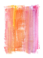 Pink, orange and yellow vertical backdrop painted with dry brush in watercolor on clean white background