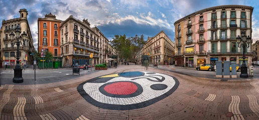Foto auf Alu-Dibond Panorama der Straße La Rambla mit Joan Miro Mosaic auf dem Boden, Barcelona, Katalonien, Spanien © anshar73