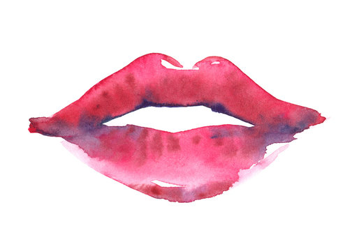 Sensual pink lips of a woman painted in watercolor on clean white background