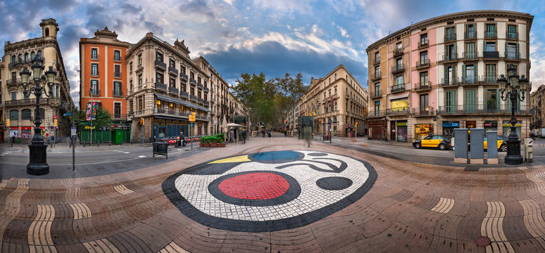 Panorama of La Rambla Street with Joan Miro Mosaic on the Floor, Barcelona, Catalonia, Spain