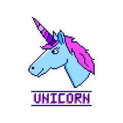 Unicorn head with inscription in the eight bit style on a white background. It can be used for sticker, badge, card, patch, phone case, poster, t-shirt, mug etc.