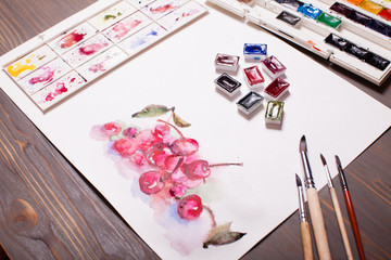 Obraz na płótnie Canvas Watercolor painting cherries
