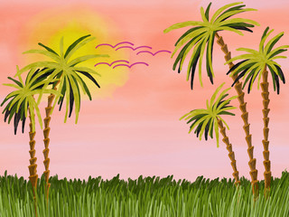 Fototapeta na wymiar Hand drawn colorful palms in the grass on the pink sunset background, illustration painted by oil color, high quality