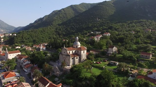 Prcanj, Montenegro The Bay of Kotor. Church of the Nativity of the Virgin. Aerial photography.