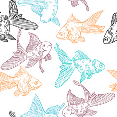 Fototapeta na wymiar Vector seamless pattern with image of a fishes. Goldfish and perch. Linear fish for coloring books.
