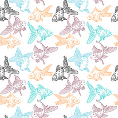 Vector seamless pattern with image of a fishes. Goldfish and perch. Linear fish for coloring books.