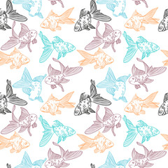 Vector seamless pattern with image of a fishes. Goldfish and perch. Linear fish for coloring books.