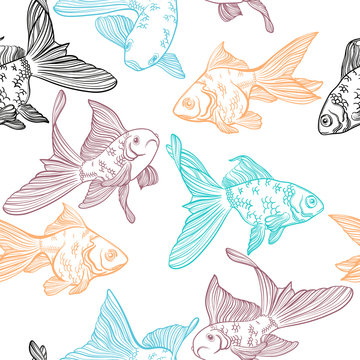 Vector seamless pattern with image of a fishes. Goldfish and perch. Linear fish for coloring books.