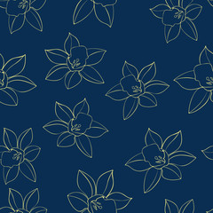 Seamless Vector floral pattern with daffodil flower contour. Narcissus flowers. Fashion style for prints, silk textile, cushion pillow, kerchief. Texture for clothes, bedclothes