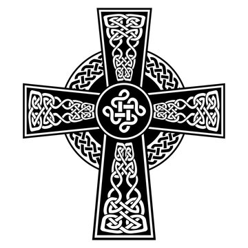 Celtic style Cross with  endless knots patterns in white & black with stroke elements & surrounding black ring with knot element  inspired by Irish St Patrick's Day,  Irish and Scottish carving art
