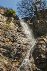 Small abounding in water mountain rocky waterfall in early springtime