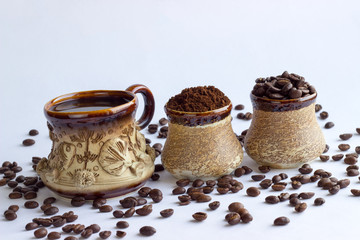 Coffee set, cup with coffee. Coffee time. Coffee beans.