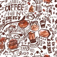 Foto op Plexiglas Koffie naadloze inkt doodle koffie patroon op witte achtergrond met aquarel vlekken, hand getrokken vectorillustratie