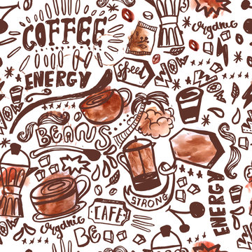 seamless ink doodle coffee pattern on white background with watercolor stains, hand drawn vector illustration © alenast
