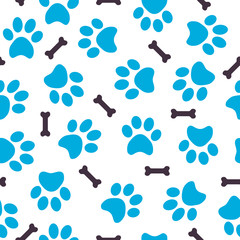 Fototapeta na wymiar Seamless pattern of blue animal paws with bones