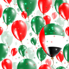 UAE Independence Day Seamless Pattern. Flying Rubber Balloons in Colors of the Emirian Flag. Happy UAE Day Patriotic Card with Balloons, Stars and Sparkles.