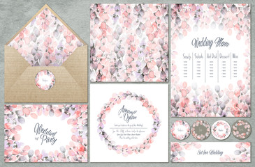 Watercolor set of backgrounds and seamless pattern with floral elements.