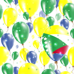 Comoros Independence Day Seamless Pattern. Flying Rubber Balloons in Colors of the Comoran Flag. Happy Comoros Day Patriotic Card with Balloons, Stars and Sparkles.