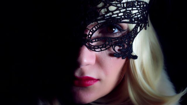 4K Close-Up Of Sexy Woman Face with Black Mask