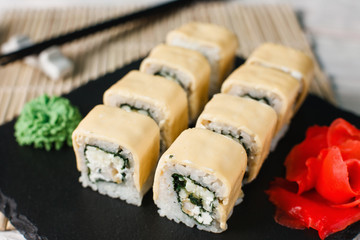 Sushi Roll Japanese Seafood Traditional Cuisine Gourmet Closeup Concept