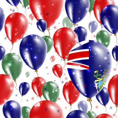 Pitcairn Independence Day Seamless Pattern. Flying Rubber Balloons in Colors of the Pitcairn Islander Flag. Happy Pitcairn Day Patriotic Card with Balloons, Stars and Sparkles.