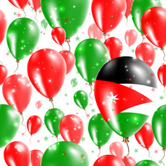 Jordan Independence Day Seamless Pattern. Flying Rubber Balloons in Colors of the Jordanian Flag. Happy Jordan Day Patriotic Card with Balloons, Stars and Sparkles.